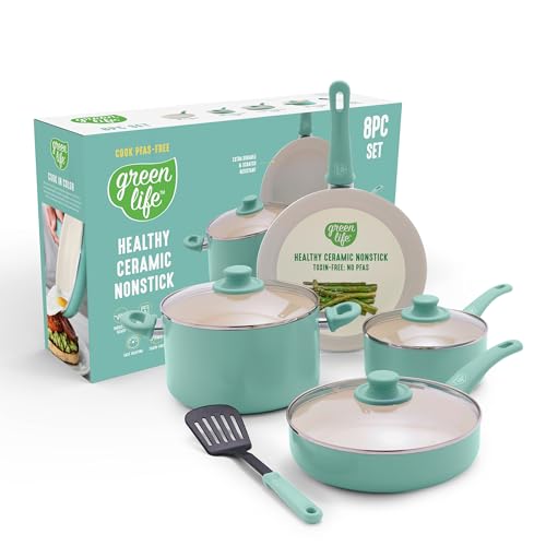 GreenLife 8 Piece Nonstick Cookware Set, Non-Toxic PFAS-Free Ceramic Pots & Pans, Dishwasher & Oven Safe, Frying, Sauce, Stock Pot, Glass Lids, Stay-Cool Handles, Wobble Free, Turquoise - Image 5