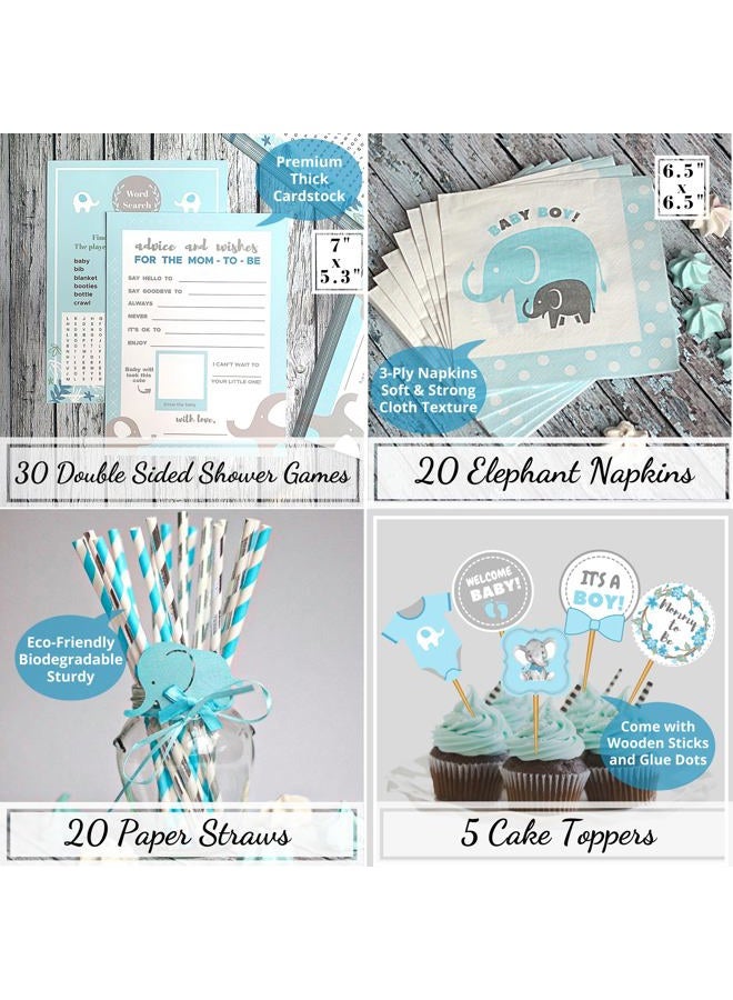 RainMeadow Mega Set Elephant Baby Shower Decorations for Boy It's A BOY Banner, Napkins, Straws, Paper Decorations, Cake Toppers, Sash, Balloons, Favor Stickers, Guest Book, Confetti, Games | Blue Grey White - Image 5