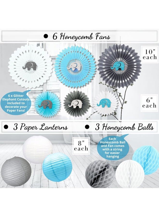 RainMeadow Mega Set Elephant Baby Shower Decorations for Boy It's A BOY Banner, Napkins, Straws, Paper Decorations, Cake Toppers, Sash, Balloons, Favor Stickers, Guest Book, Confetti, Games | Blue Grey White - Image 3