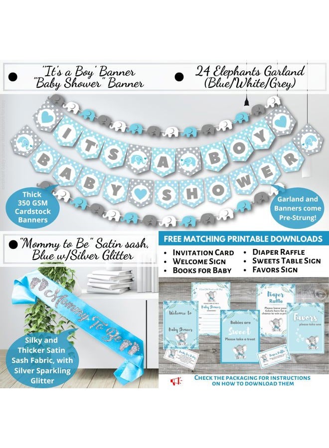 RainMeadow Mega Set Elephant Baby Shower Decorations for Boy It's A BOY Banner, Napkins, Straws, Paper Decorations, Cake Toppers, Sash, Balloons, Favor Stickers, Guest Book, Confetti, Games | Blue Grey White - Image 2
