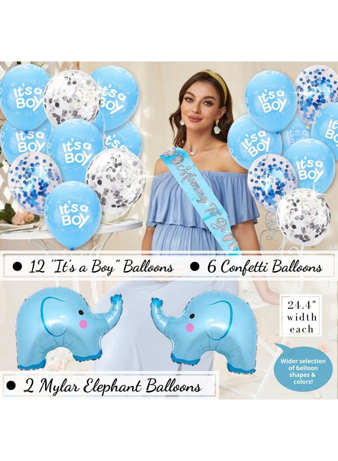 RainMeadow Mega Set Elephant Baby Shower Decorations for Boy It's A BOY Banner, Napkins, Straws, Paper Decorations, Cake Toppers, Sash, Balloons, Favor Stickers, Guest Book, Confetti, Games | Blue Grey White - Image 4