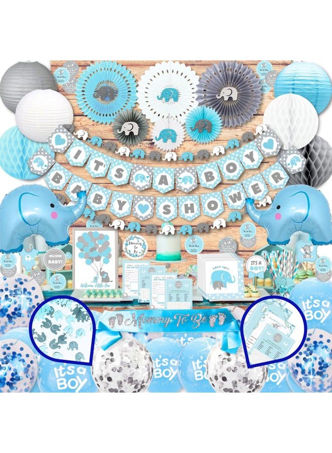 RainMeadow Mega Set Elephant Baby Shower Decorations for Boy It's A BOY Banner, Napkins, Straws, Paper Decorations, Cake Toppers, Sash, Balloons, Favor Stickers, Guest Book, Confetti, Games | Blue Grey White - Image 1