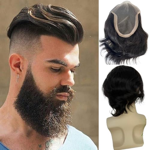 Voloria French Lace Front with PU Men's Toupee Man Hairpieces Human Hair Replacement System for Men 8x6inch High Density 1B Black Color - Image 1