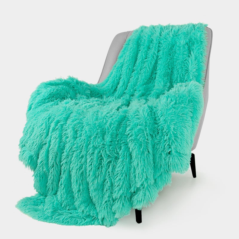 TOONOW Extra Soft Fuzzy Faux Fur Throw Blanket 50""x60""  Reversible Lightweight Fluffy Cozy Plush Comfy Microfiber Fleece Decorative Shaggy Blanket for Couch Sofa Bed  Turquoise - Image 1