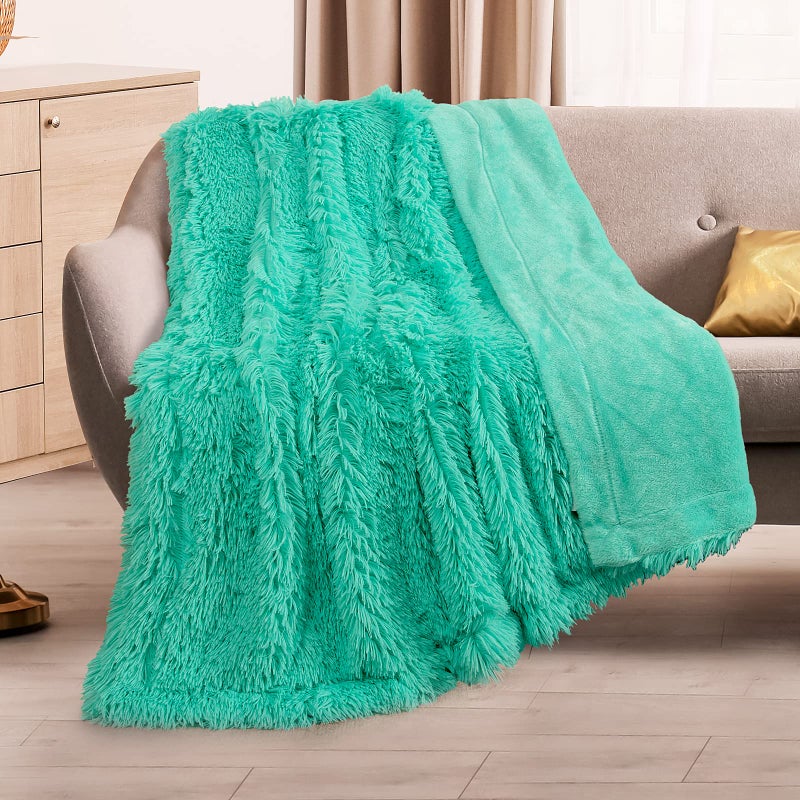TOONOW Extra Soft Fuzzy Faux Fur Throw Blanket 50""x60""  Reversible Lightweight Fluffy Cozy Plush Comfy Microfiber Fleece Decorative Shaggy Blanket for Couch Sofa Bed  Turquoise - Image 2