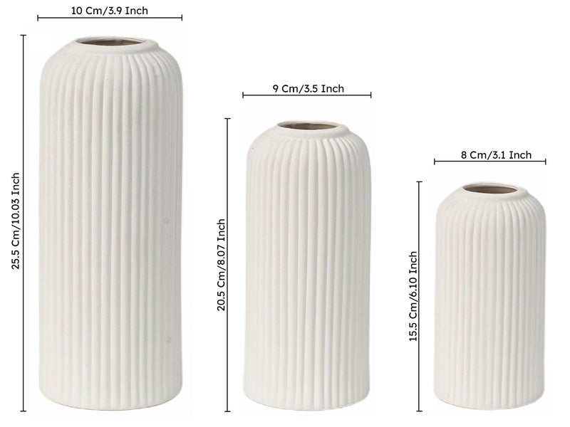 Bodhi House Unique Ceramic Ribbed Vase, Modern Decorative Centrepiece Vase for Pampas Grass, Artificial Flower Pot Ideal for Gifting, Home and Office Decor, Living Room (Pack of 3, White) - Image 3