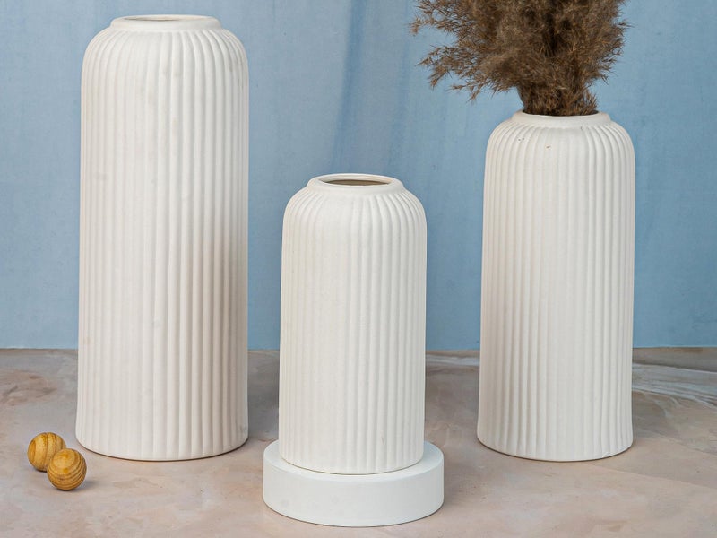 Bodhi House Unique Ceramic Ribbed Vase, Modern Decorative Centrepiece Vase for Pampas Grass, Artificial Flower Pot Ideal for Gifting, Home and Office Decor, Living Room (Pack of 3, White) - Image 1