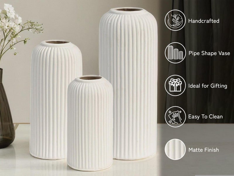 Bodhi House Unique Ceramic Ribbed Vase, Modern Decorative Centrepiece Vase for Pampas Grass, Artificial Flower Pot Ideal for Gifting, Home and Office Decor, Living Room (Pack of 3, White) - Image 4