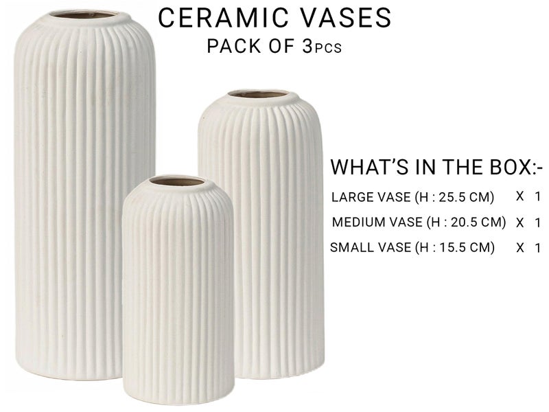 Bodhi House Unique Ceramic Ribbed Vase, Modern Decorative Centrepiece Vase for Pampas Grass, Artificial Flower Pot Ideal for Gifting, Home and Office Decor, Living Room (Pack of 3, White) - Image 2