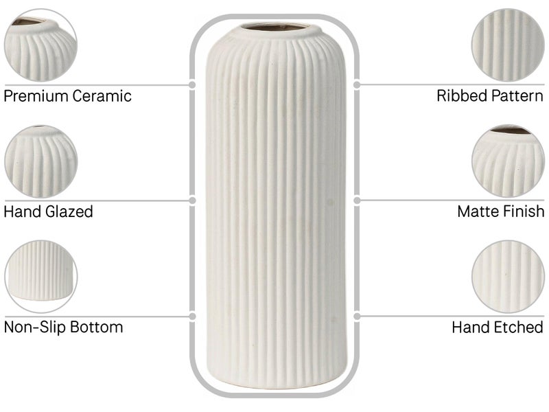 Bodhi House Unique Ceramic Ribbed Vase, Modern Decorative Centrepiece Vase for Pampas Grass, Artificial Flower Pot Ideal for Gifting, Home and Office Decor, Living Room (Pack of 3, White) - Image 5