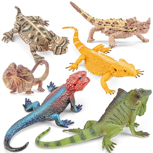 THINKBAY 6PCS Large Lizard Figurines Animal Toys Realistic Plastic Reptile Animal Figures Includes Bearded DragonGreen IguanaFrilledCoast HornedPlains Rock Figures Educational Toy for Kids - Image 1