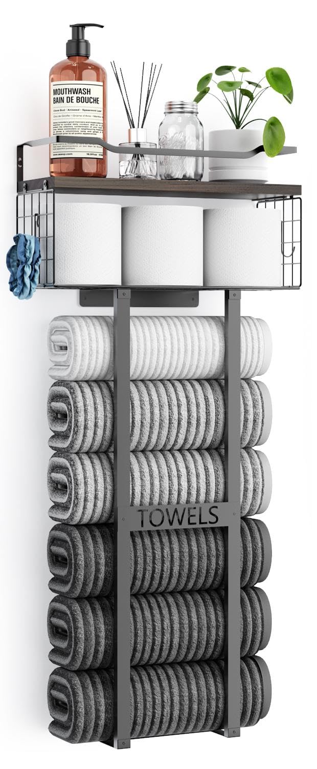 Large Towel Rack  Bathroom Towel Holder  Wall Mounted Metal Rack with Wooden Floating Shelf Small Bathroom Towel Storage Easy Holds 6 Large Rolled Towels Black with Brown Plank