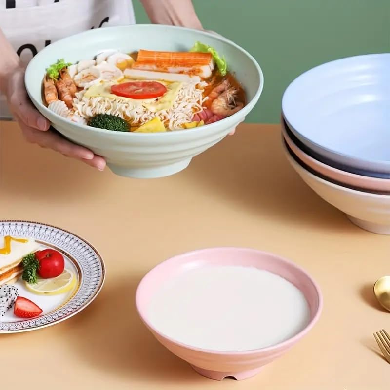 Swilak Ramen Round Bowls Essential Kitchenware for Asian Cuisine at Home Kitchen Dining or Hotel Tableware Rice Soup Bowl Creative Instant Noodles Container Bowl Eco Friendly 25 CM_Green_4 Pcs - Image 3
