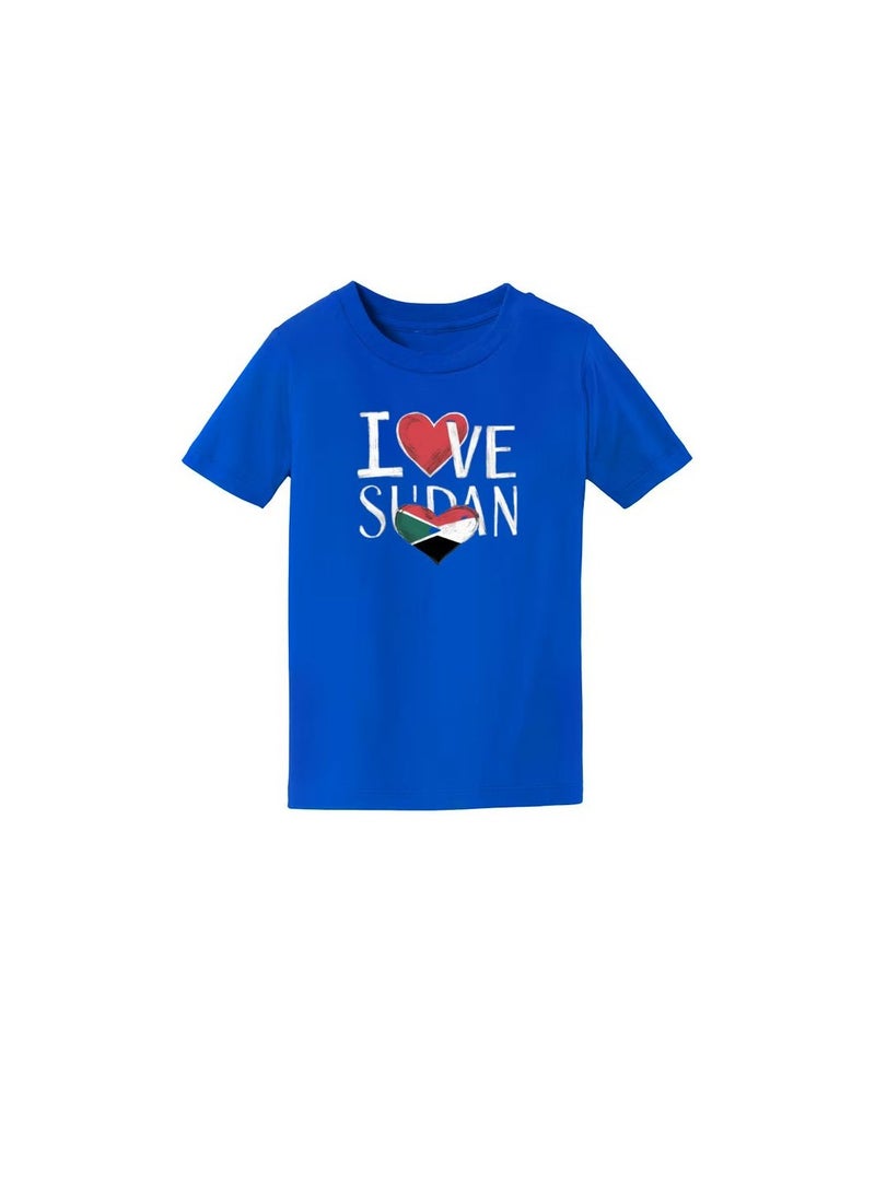 Sudan Kids T-Shirt For Boys–Blue Cotton Tee With I Love Sudan Flag Heart Print–Round Neck Short Sleeve Casual Wear For School & Play