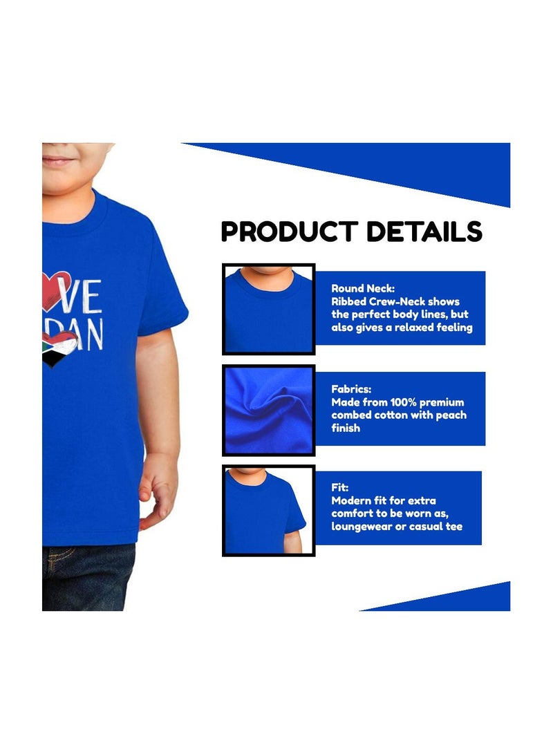 Sudan Kids T-Shirt For Boys–Blue Cotton Tee With I Love Sudan Flag Heart Print–Round Neck Short Sleeve Casual Wear For School & Play