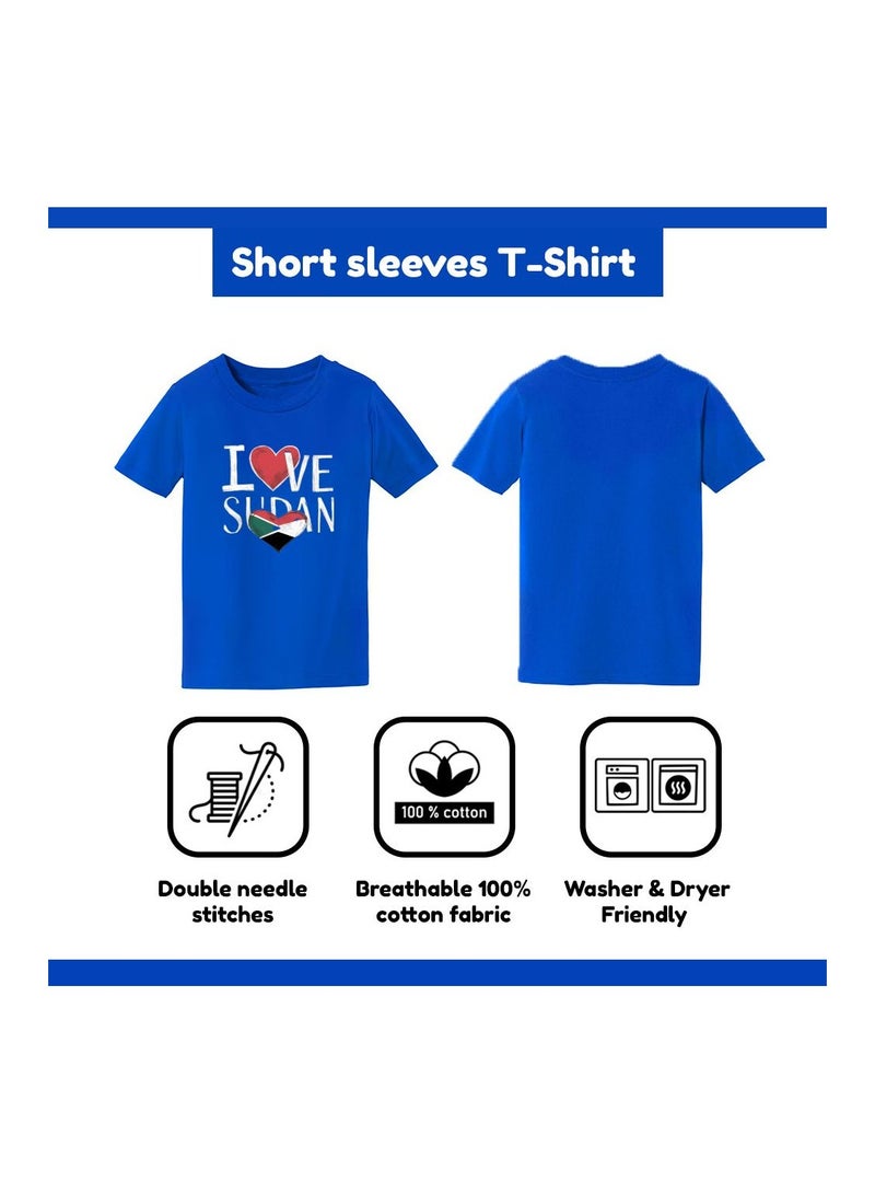 Sudan Kids T-Shirt For Boys–Blue Cotton Tee With I Love Sudan Flag Heart Print–Round Neck Short Sleeve Casual Wear For School & Play