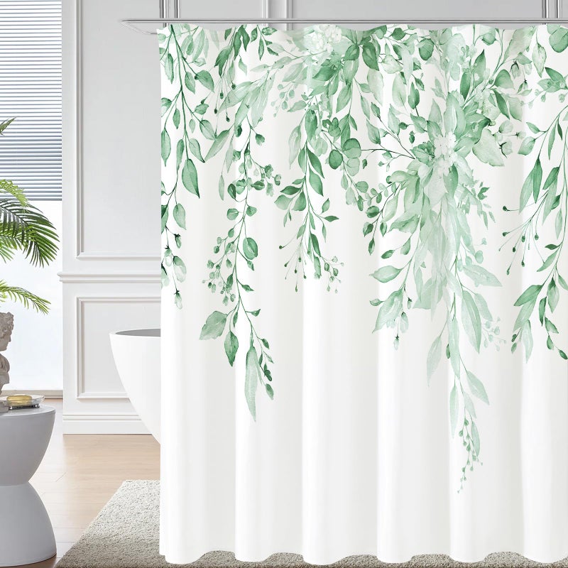 Gibelle Mint Green Eucalyptus Shower Curtain, Watercolor Plant Leaves with Floral Bathroom Shower Curtain Set with Hooks, 72x72 - Image 1