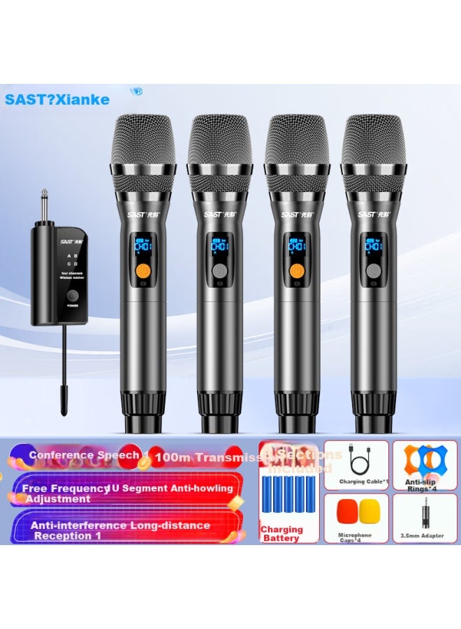 Sast Ok-97 Wireless Charging Microphone U Section Home Ktv Singing Stage Hosting Speech K Song Conference Speaker Audio Amplifier Fm Universal One Drag Four Metal Microphone - Image 1