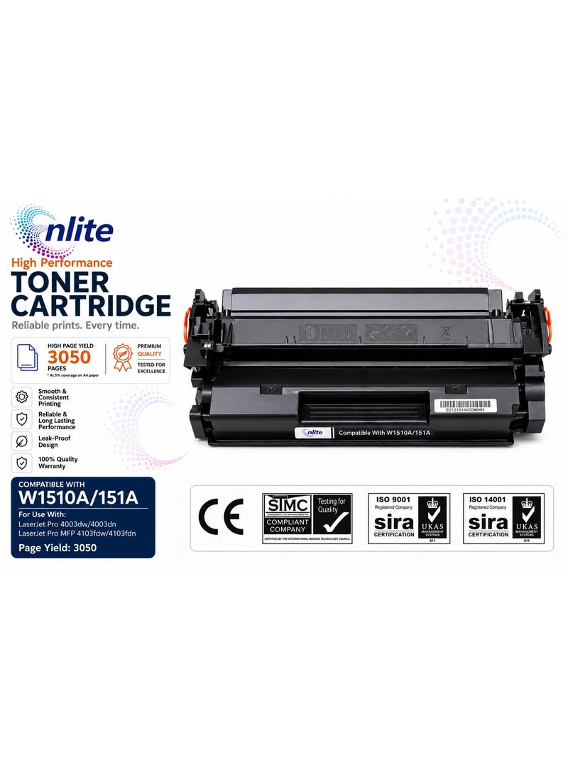 Enlite W1510A / 151A( WITH CHIP ) Premium Compatible Black Toner Cartridge for HP LaserJet Pro 4003dn, 4003dw, MFP 4103fdn, 4103fdw - Image 2
