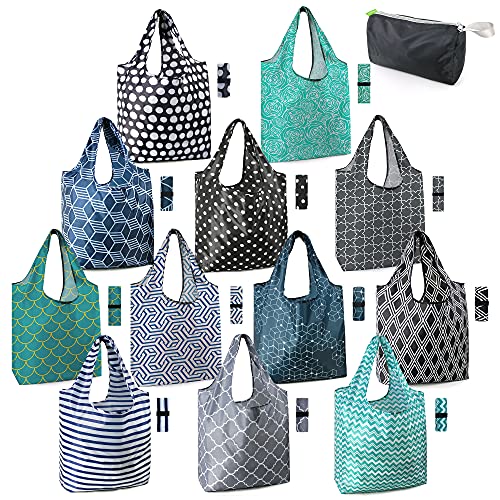 BeeGreen Reusable Grocery Bags Lightweight Durable Shopping Bags Washable Foldable 12 Pack Xlarge Classic Geometric Design Gift Tote Grocery Bags with Elastic Band and Separated Zipper Storage Pouch - Image 1