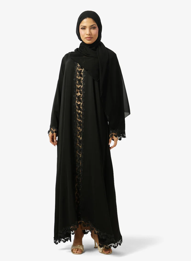 Floral Lace Detailed Open Front Abaya