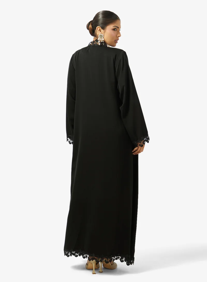 hayas closet Floral Lace Detailed Open Front Abaya