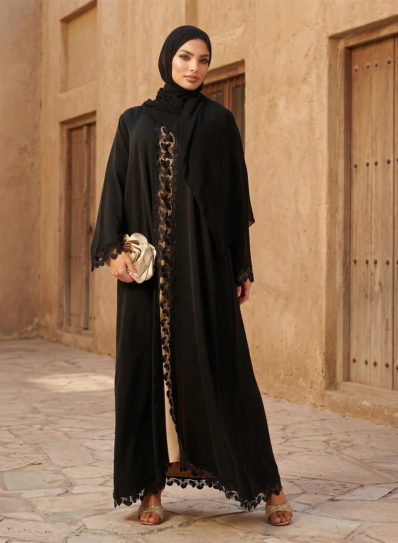 hayas closet Floral Lace Detailed Open Front Abaya
