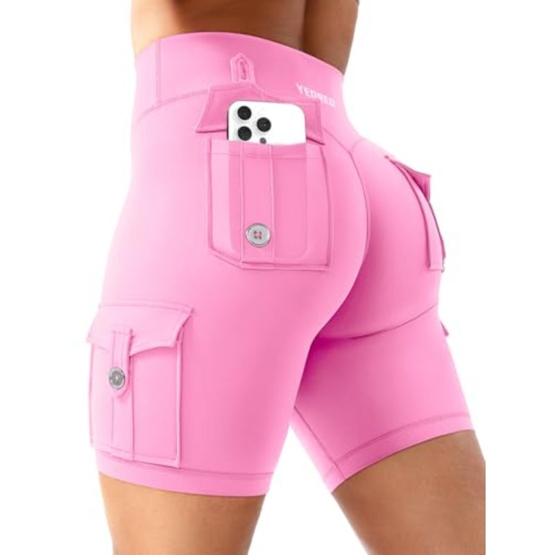 YEOREO CoreFlex شورت نسائي للتمرين مع جيوب كارجو مخفية بخصر عالٍ 8 درزة داخلية للجيم - Image 1