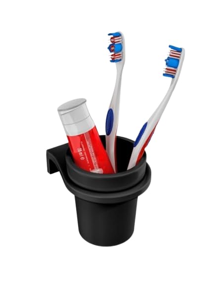 RAYNO Round Glass with Holder Bathroom Accessories Tooth Brush Holder Tumbler Holder Toothpaste Stand (Black) - Image 1