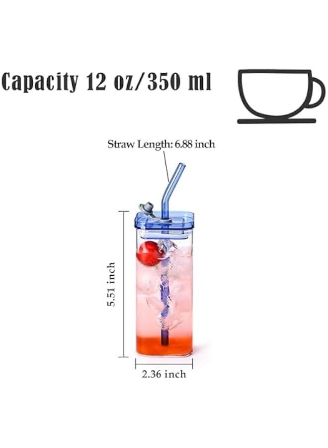 2-Piece Glass Cups with Lids and Straws, Iced Coffee Cup, Glass Tumbler, 12 oz/350 ml Blue Square Drinking Glasses for Coffee Bar (Blue)  - Image 2