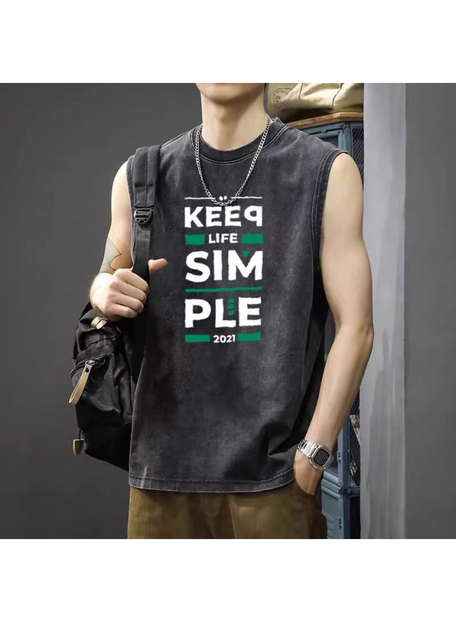 Simple And Minimalist Feng Shui Washed Distressed Sleeveless T-shirt For Men, Summer Loose Casual Tank Top, Versatile Printed Daily Wear Outerwear Top