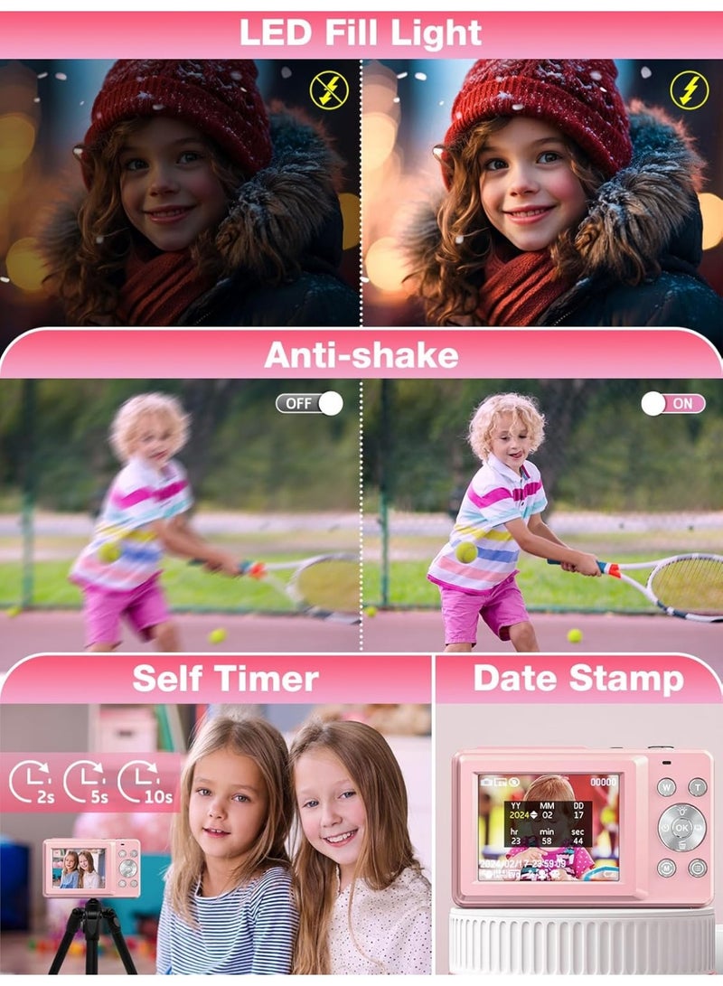 Digital Camera, FHD 1080P Kids Camera, 44MP Point and Shoot Digital Cameras with 32GB Memory Card and Two Batteries, 16X Zoom , Lanyard, Compact Size Camera, Gift for Boys/Girls (Pink) - Image 2
