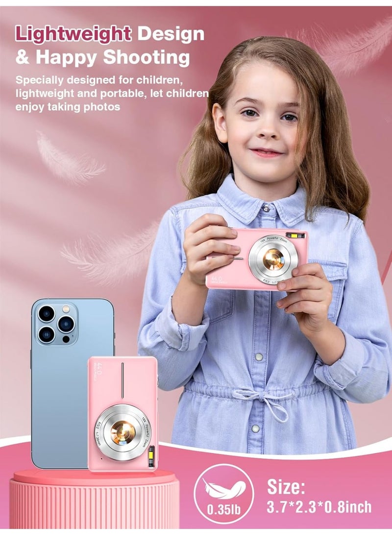 Digital Camera, FHD 1080P Kids Camera, 44MP Point and Shoot Digital Cameras with 32GB Memory Card and Two Batteries, 16X Zoom , Lanyard, Compact Size Camera, Gift for Boys/Girls (Pink) - Image 5