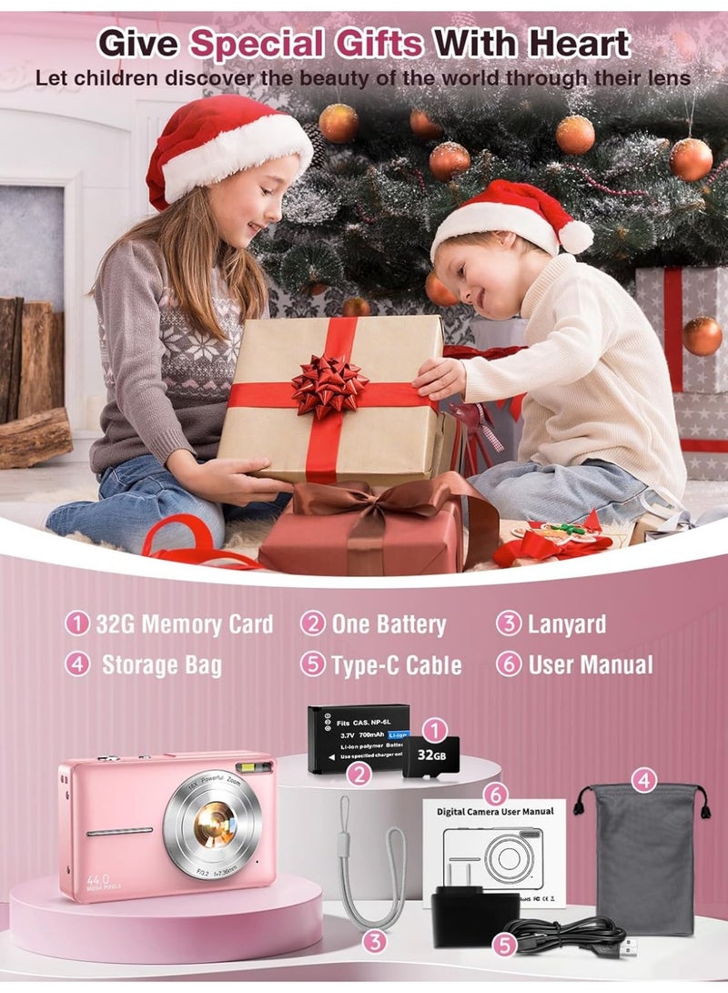 Digital Camera, FHD 1080P Kids Camera, 44MP Point and Shoot Digital Cameras with 32GB Memory Card and Two Batteries, 16X Zoom , Lanyard, Compact Size Camera, Gift for Boys/Girls (Pink) - Image 3