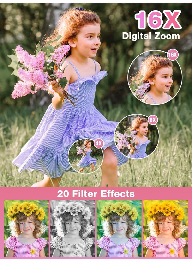 Digital Camera, FHD 1080P Kids Camera, 44MP Point and Shoot Digital Cameras with 32GB Memory Card and Two Batteries, 16X Zoom , Lanyard, Compact Size Camera, Gift for Boys/Girls (Pink) - Image 4