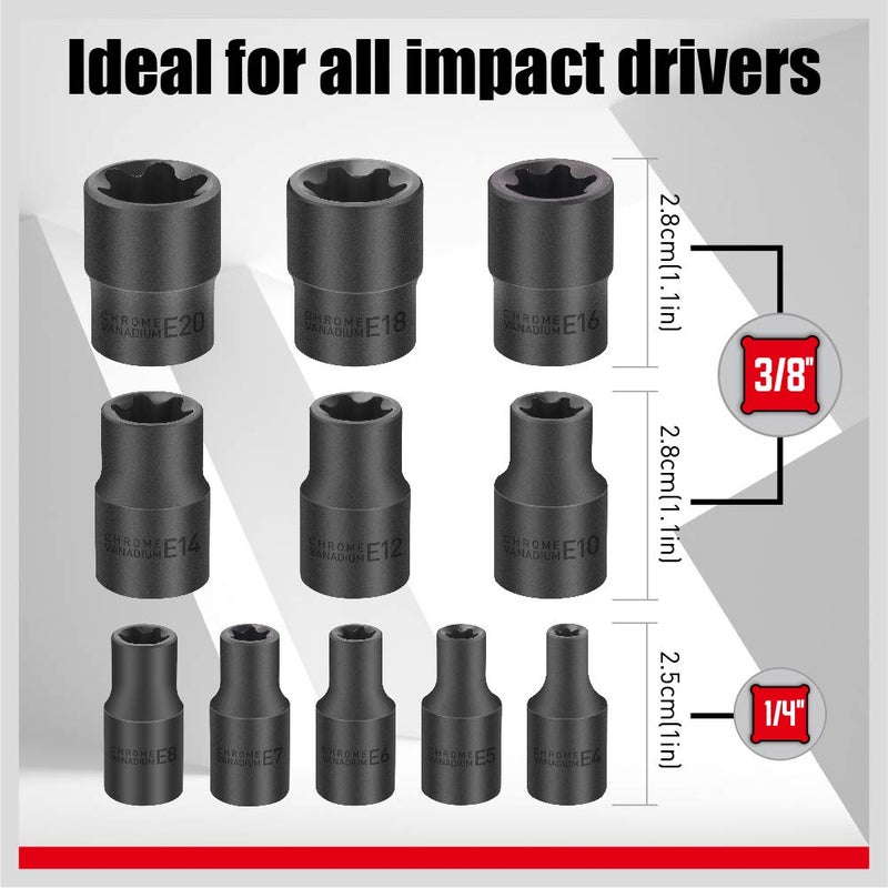 SEDY 11-Piece E-Torx Socket Set - Star Sockets Set with Socket Rail, External Torx Socket with Organizer, External Socket-Set, E4 E5 E6 E7 E8 E10 E12 E14 E16 E18 E20 Reverse Sockets Set - Image 4