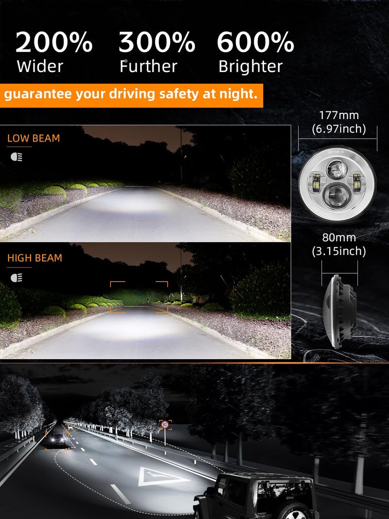 UNI-SHINE 2pcs Projector 7 Inch LED Headlight Hi/Lo Beam Chrome 7’’ Round H6024 LED Headlight Compatible with Jeep Wrangler JK CJ TJ fit for Miata, for Chevy SC2 - Image 5