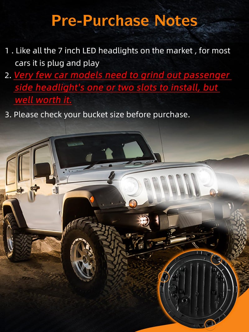 UNI-SHINE 2pcs Projector 7 Inch LED Headlight Hi/Lo Beam Chrome 7’’ Round H6024 LED Headlight Compatible with Jeep Wrangler JK CJ TJ fit for Miata, for Chevy SC2 - Image 3
