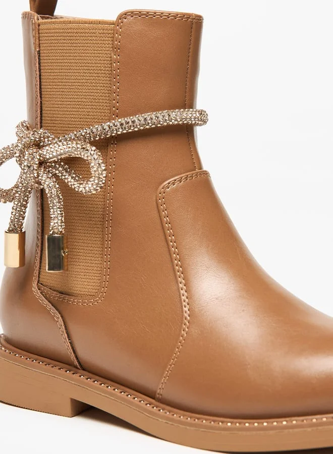 Celeste Girls Solid Embellished Bow Detail Boots with Gusset and Zip Closure