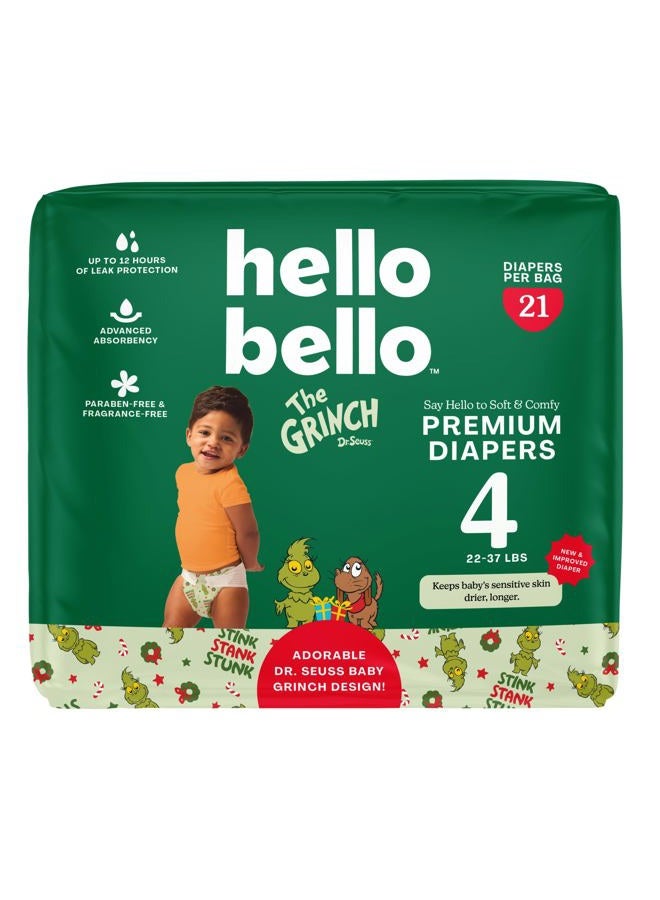 Hello Bello Diapers, Size 4 (22-37 lbs) Dr. Seuss Baby Grinch - 21 Count of Premium Disposable Baby Diapers, Hypoallergenic with Soft, Cloth-Like Feel - Image 1