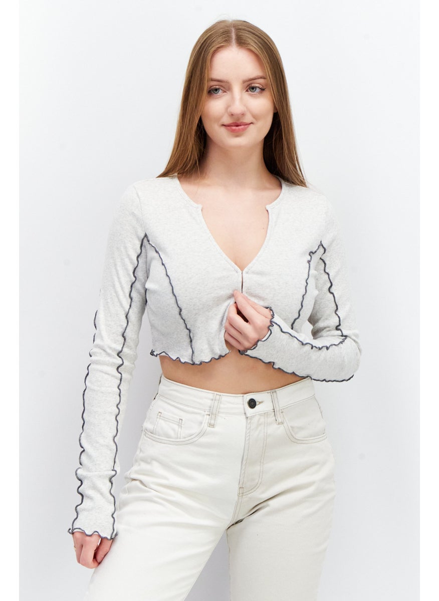 SkyLar Rose Women V-Neck  Long Sleeves Textured Crop Tops, Grey  - Image 1
