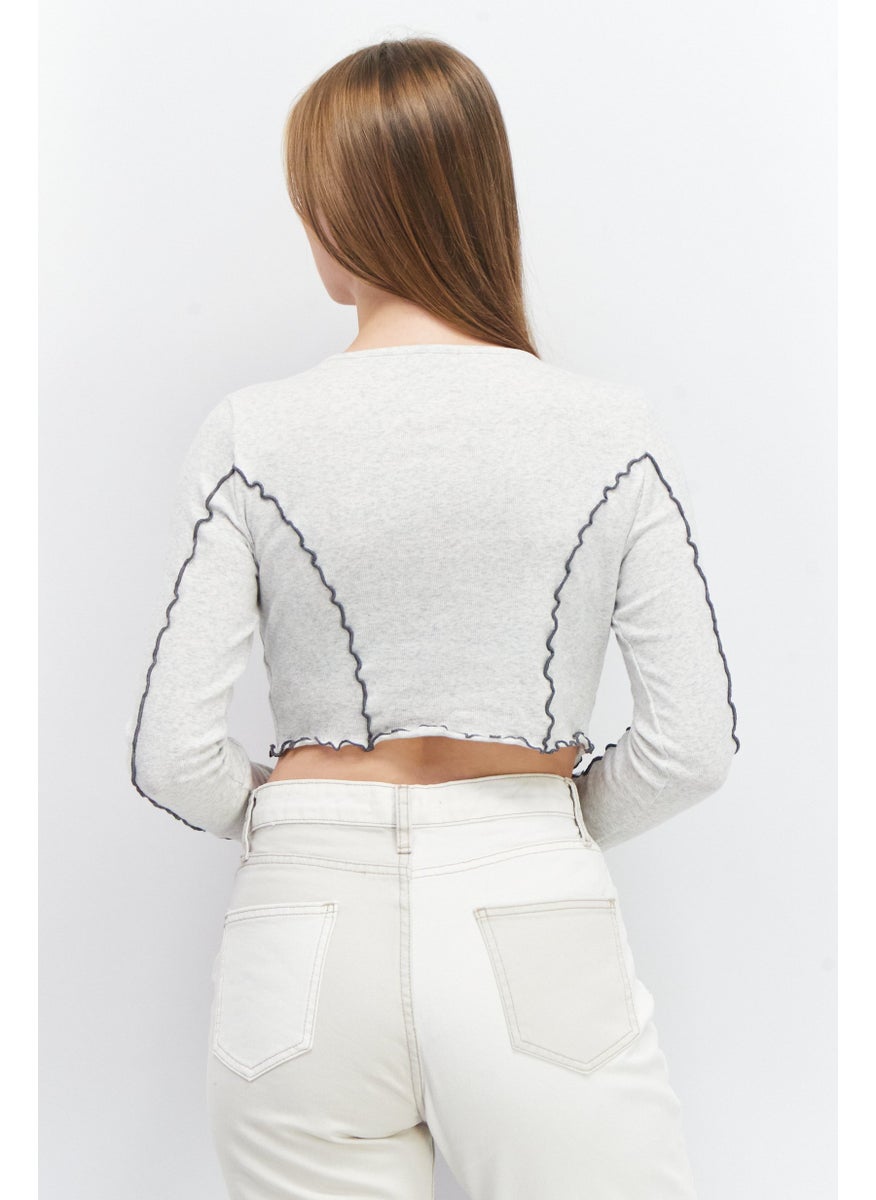 SkyLar Rose Women V-Neck  Long Sleeves Textured Crop Tops, Grey  - Image 4