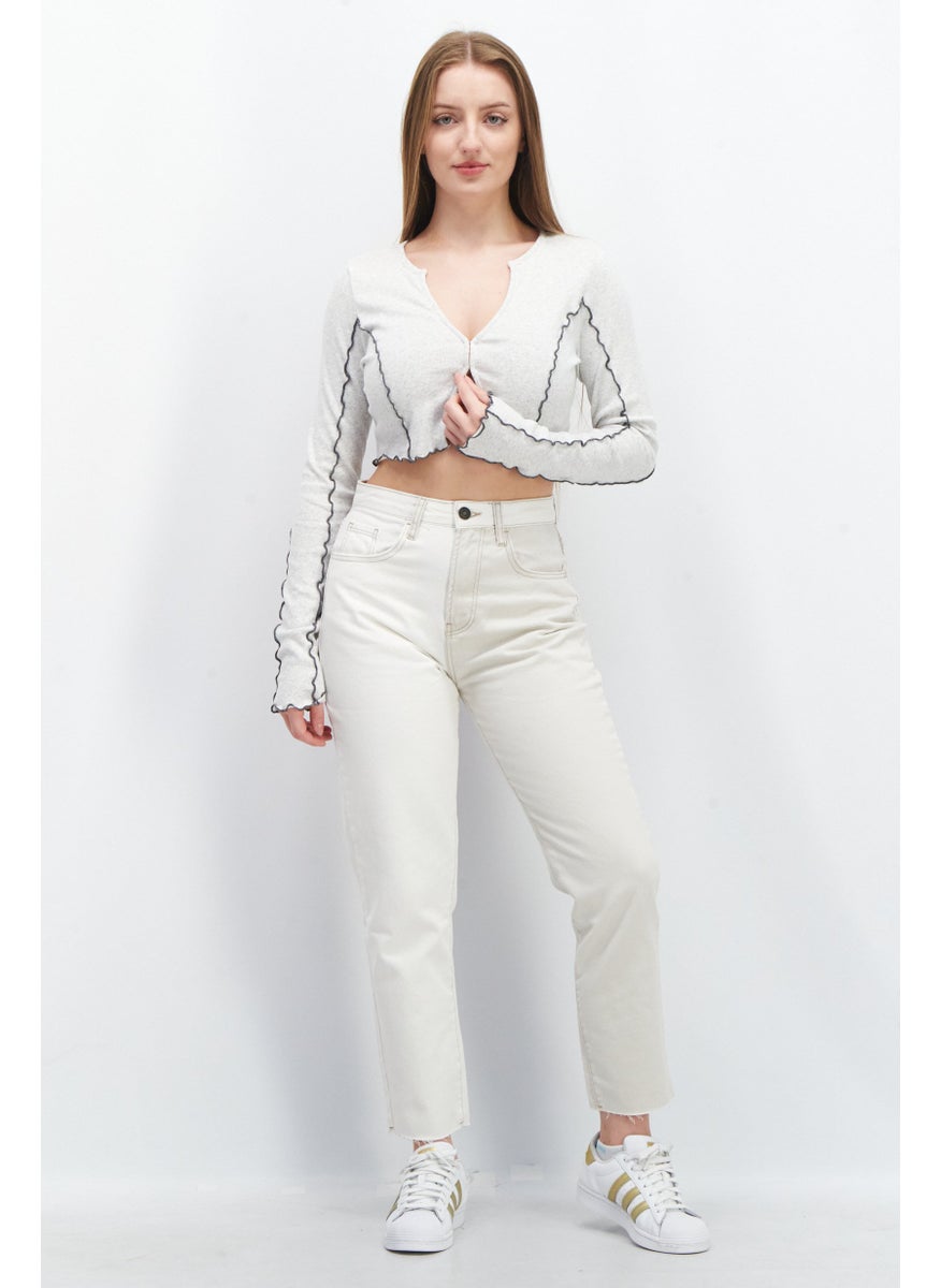 SkyLar Rose Women V-Neck  Long Sleeves Textured Crop Tops, Grey  - Image 2