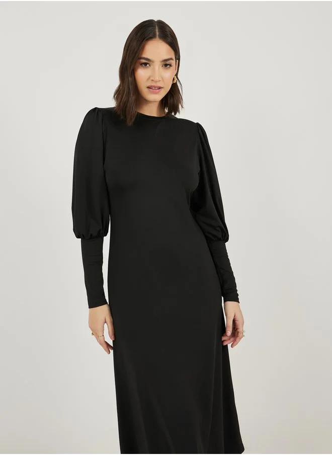 Styli Solid Cuffed Long Sleeves A-Line Midi Dress