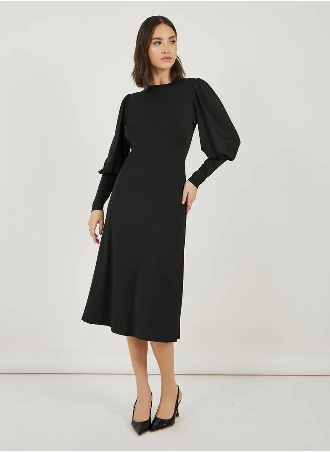 ستايلي Solid Cuffed Long Sleeves A-Line Midi Dress