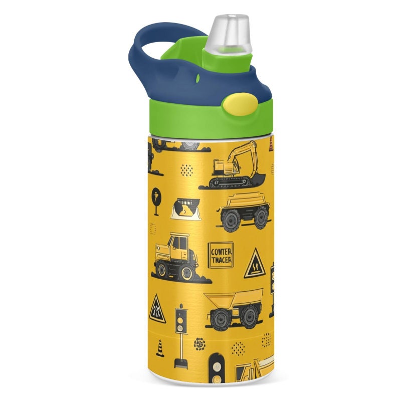 Boccsty Tractor Yellow Truck Kids Water Bottle with Straw Lid Construction Machines Insulated Stainless Steel Reusable Tumbler for Boys Girls Toddlers 12 oz Green