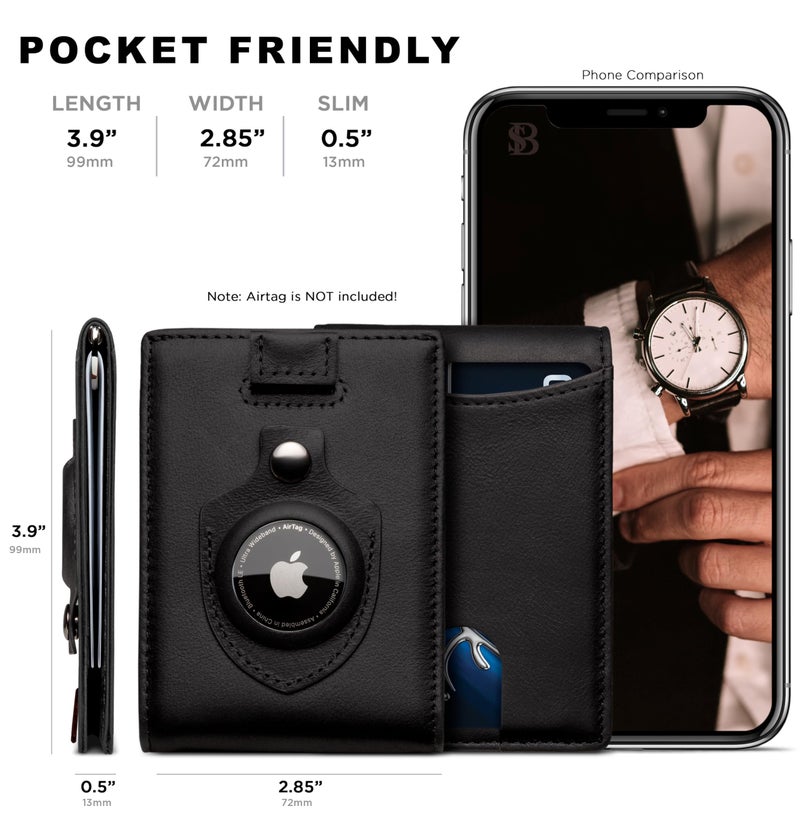 SERMAN BRANDS AirTag Wallet - RFID Blocking Mens Minimalist Money Clip Wallet for Airtag - Full Grain Leather - Slim Bifold. Front Pocket Apple Air tag Wallets for men. Gift (Charcoal Black 1.0 Air) - Image 4