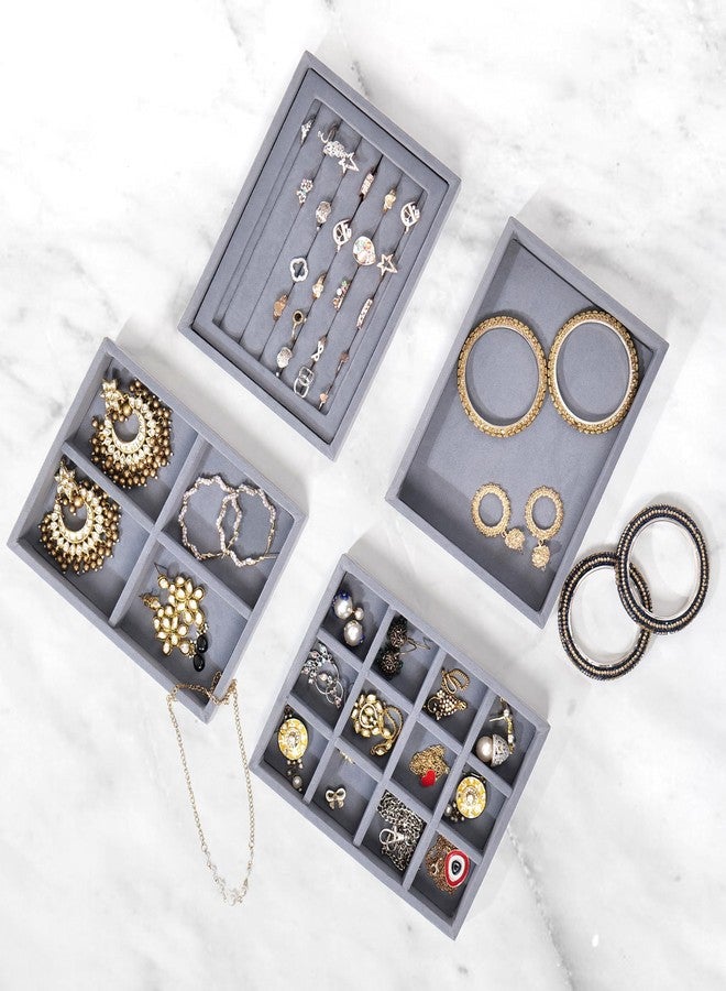 La Trove Stackable Jewelry Tray Organizer Set of 4, Drawer Jewelry Storage for Rings, Earrings and Necklaces, Grey - Image 1
