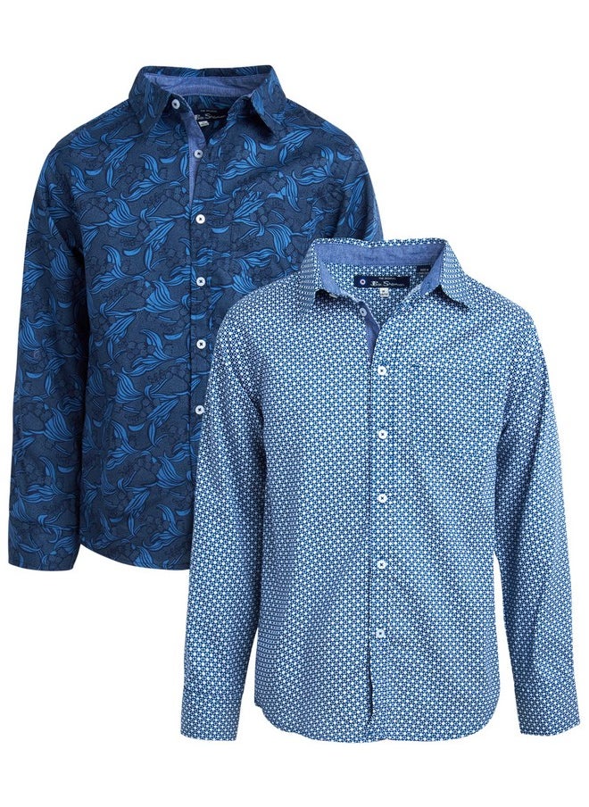 Ben Sherman - Ben Sherman Boys' Dress Shirts - 2 Pack Long Sleeve Button Down Shirts with Chest Pocket - Collared Shirts for Boys (8-18), Size 18, Blue Circle Navy Flower - Image 1