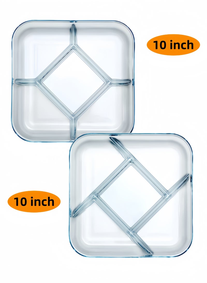 fenix طبق مقسم متين من الزجاج المقسّى مكون من قطعتين، طبق مربع مقسم مقاس 10 بوصات، طبق مربع مقسم مقاس 10 بوصات، مقسم صناديق الغداء، أطباق عشاء مقسمة، آمنة للاستخدام في الميكروويف وغسالة الأطباق، مجموعات تخزين - Image 1